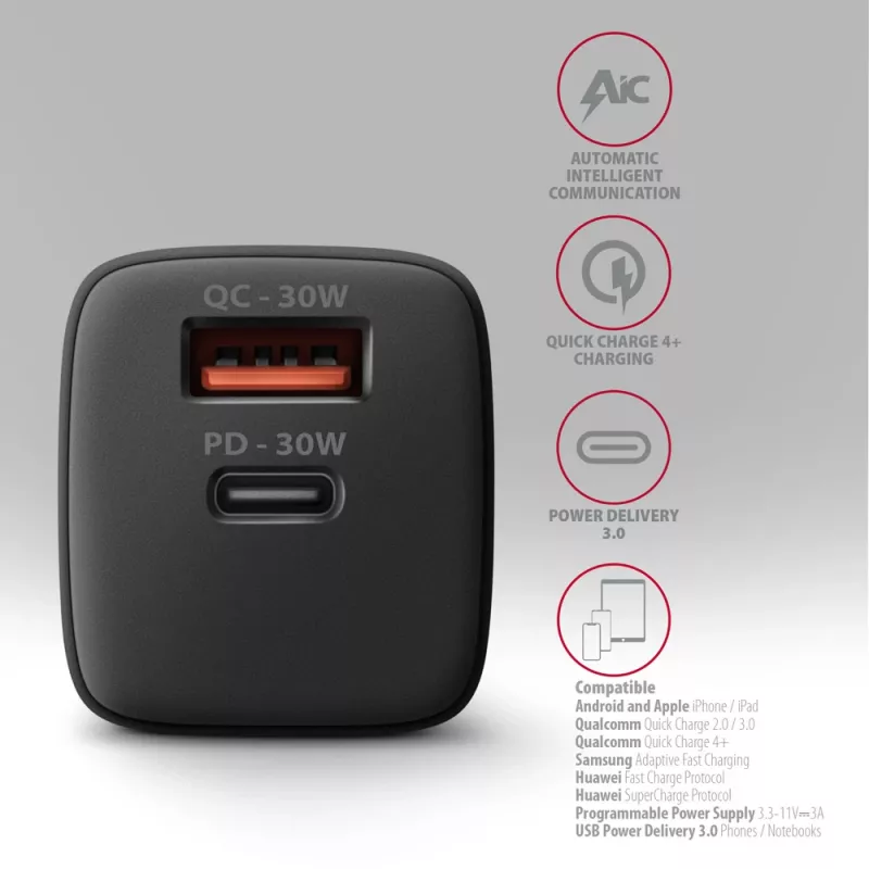 Carregador de parede Axagon ACU-PQ30 PD3.0 & QC4+ 2 saídas 30W