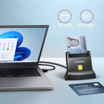 Leitor de cartões smart/ID de contacto universal de secretária Axagon com cabo USB-A longo. Adequado para a aplicação eObanka. Leitor de cartões smartcard interior USB 2.0 preto
