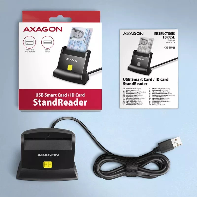 Leitor de cartões smart/ID de contacto universal de secretária Axagon com cabo USB-A longo. Adequado para a aplicação eObanka. Leitor de cartões smartcard interior USB 2.0 preto