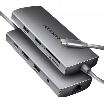 Axagon HMC-8HLSA, hub USB 5Gbps, 3x USB-A, HDMI 4K/60Hz, RJ-45, SD/microSD, áudio, PD 100W