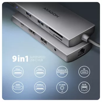 Axagon HMC-8HLSA, hub USB 5Gbps, 3x USB-A, HDMI 4K/60Hz, RJ-45, SD/microSD, áudio, PD 100W