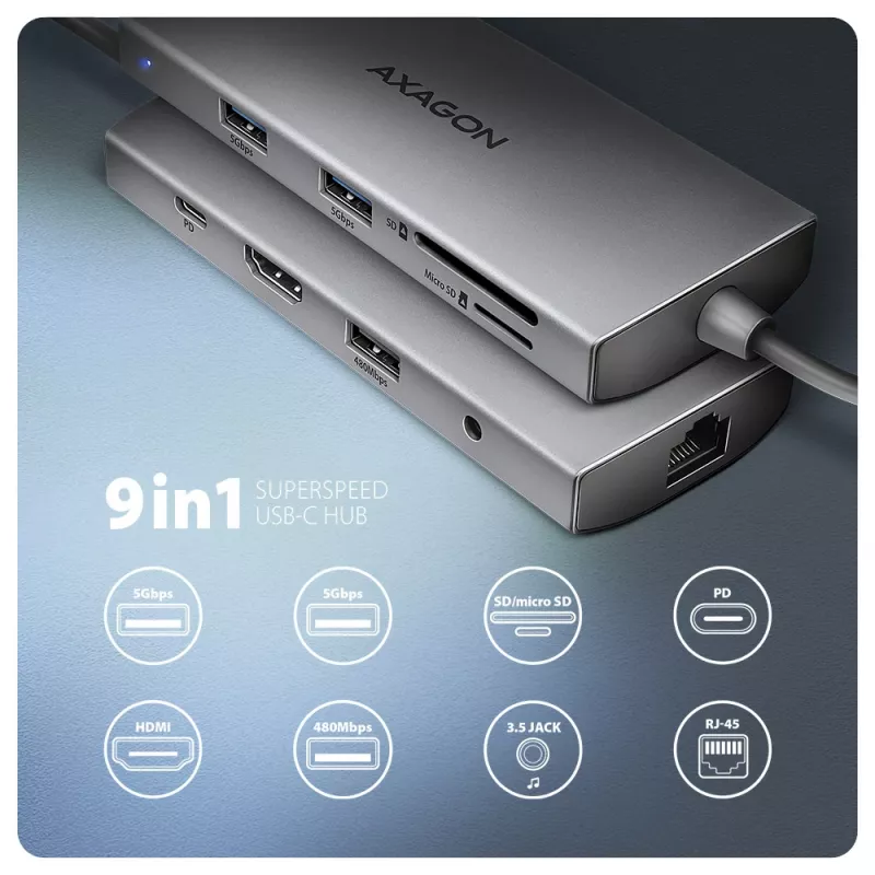 Axagon HMC-8HLSA, hub USB 5Gbps, 3x USB-A, HDMI 4K/60Hz, RJ-45, SD/microSD, áudio, PD 100W