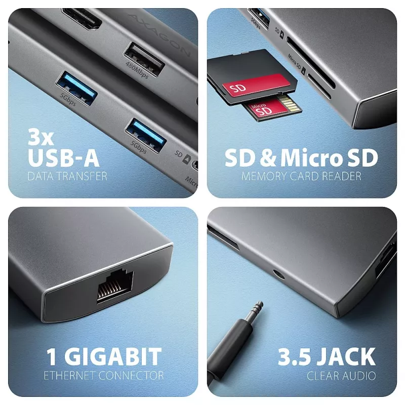 Axagon HMC-8HLSA, hub USB 5Gbps, 3x USB-A, HDMI 4K/60Hz, RJ-45, SD/microSD, áudio, PD 100W