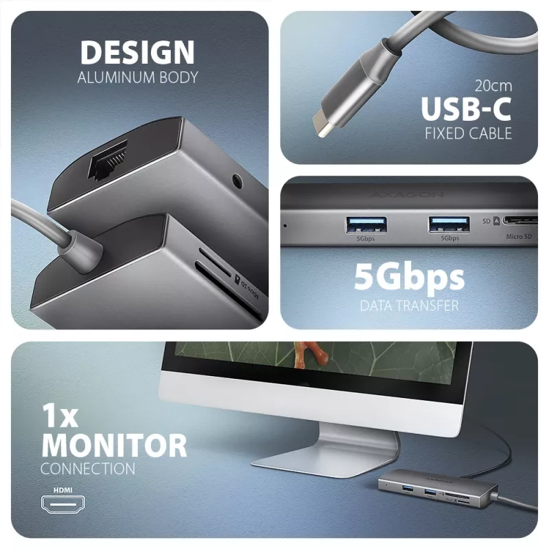 Axagon HMC-8HLSA, hub USB 5Gbps, 3x USB-A, HDMI 4K/60Hz, RJ-45, SD/microSD, áudio, PD 100W