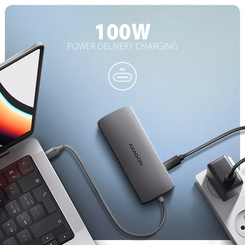 Axagon HMC-8HLSA, hub USB 5Gbps, 3x USB-A, HDMI 4K/60Hz, RJ-45, SD/microSD, áudio, PD 100W