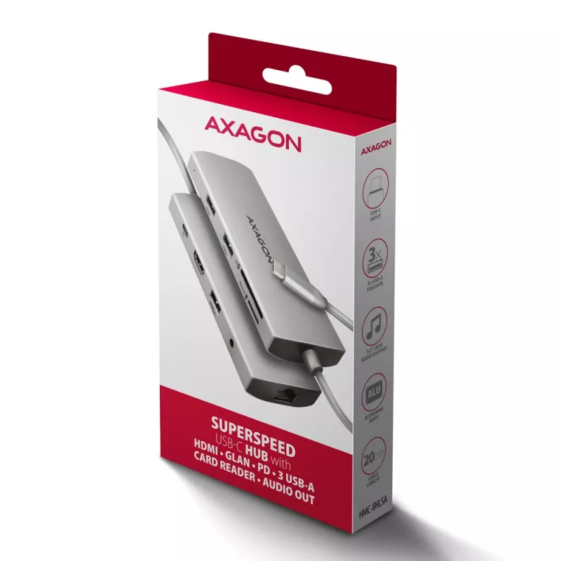 Axagon HMC-8HLSA, hub USB 5Gbps, 3x USB-A, HDMI 4K/60Hz, RJ-45, SD/microSD, áudio, PD 100W