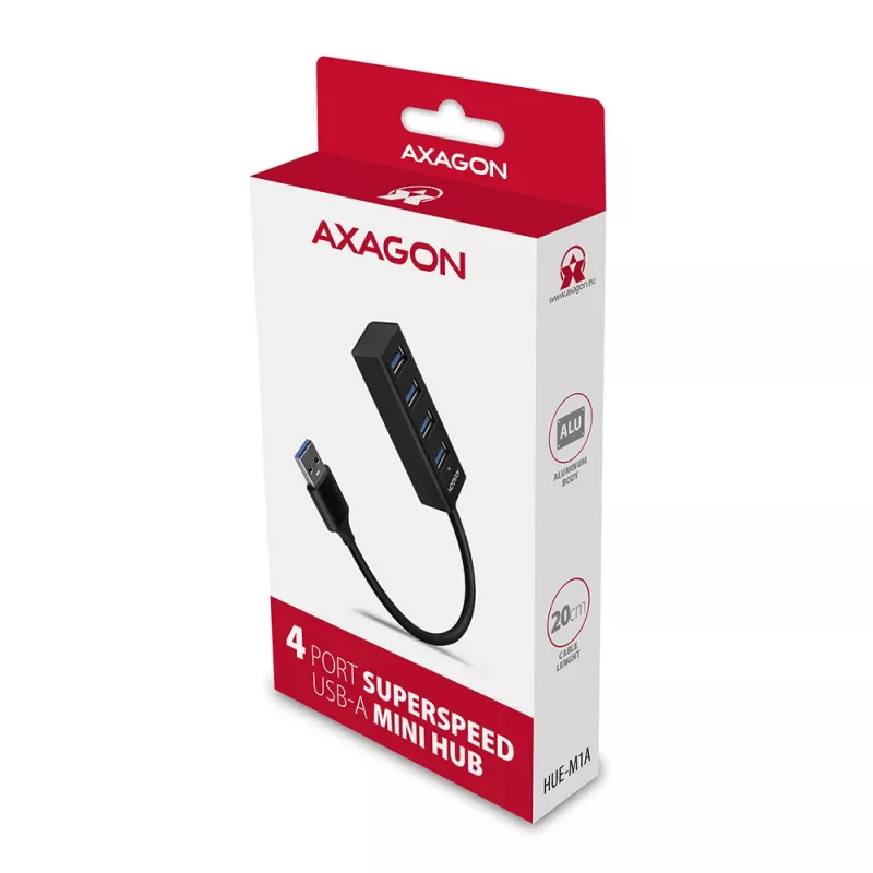 Axagon HUE-M1A hub USB 3.2 Gen 1 MINI 4x, metal, cabo USB-A de 20 cm