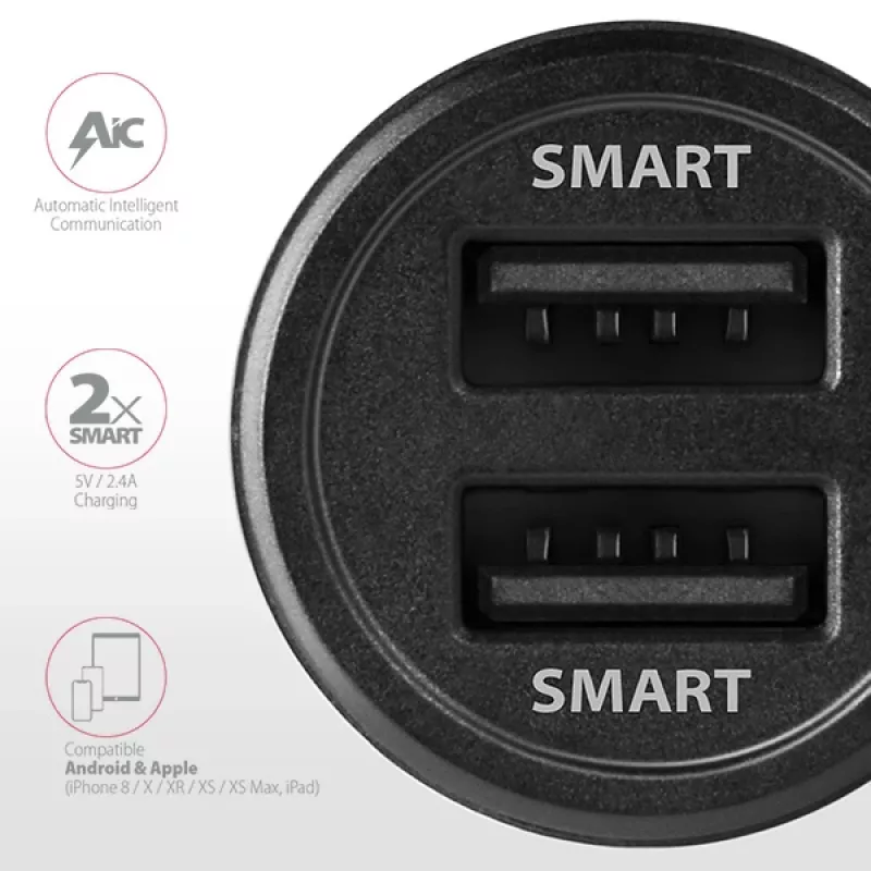 Carregador automático Axagon PWC-5V5 SMART 24W, 2 portas USB-A, 5V/2,4A + 5V/2,4A