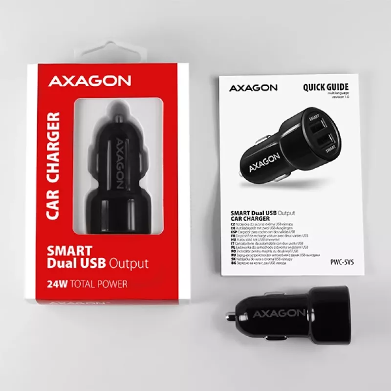 Carregador automático Axagon PWC-5V5 SMART 24W, 2 portas USB-A, 5V/2,4A + 5V/2,4A