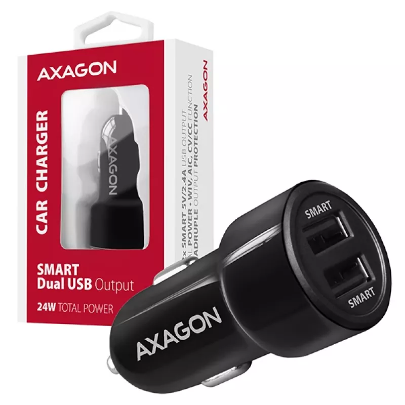 Carregador automático Axagon PWC-5V5 SMART 24W, 2 portas USB-A, 5V/2,4A + 5V/2,4A