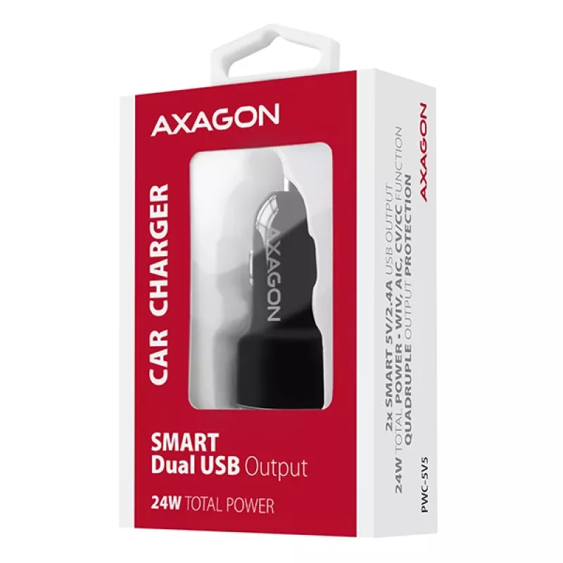 Carregador automático Axagon PWC-5V5 SMART 24W, 2 portas USB-A, 5V/2,4A + 5V/2,4A