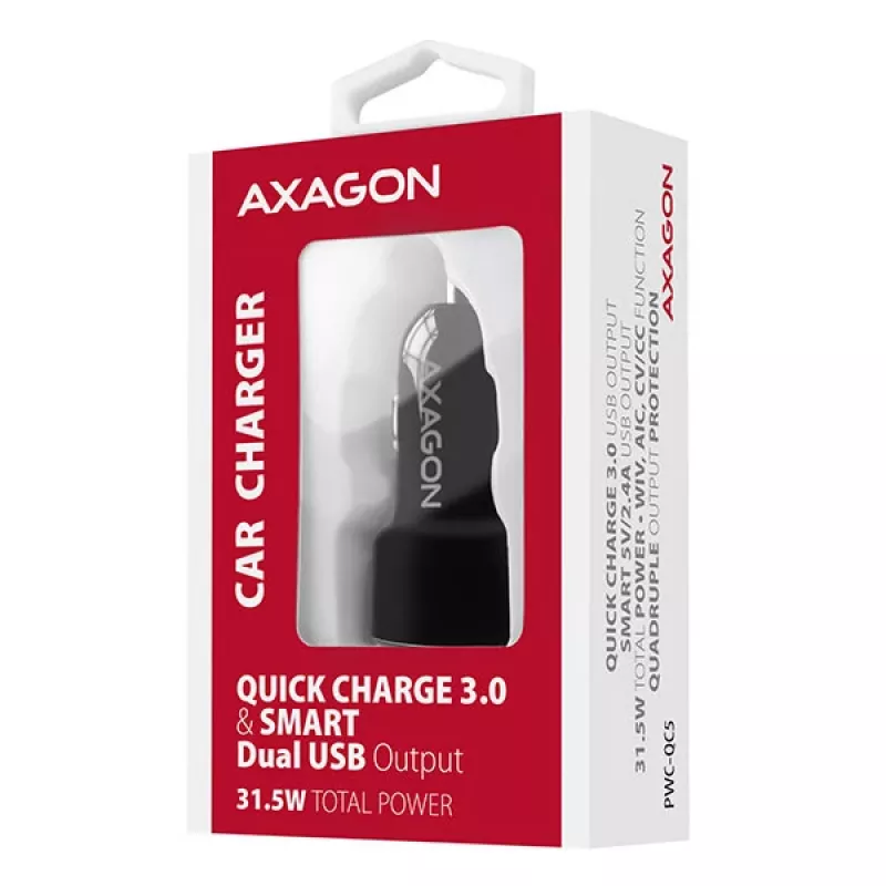 Carregador para dispositivos móveis telemóvel, smartphone, tablet, universal Axagon PWC-QC5 preto isqueiro carregamento rápido automóvel
