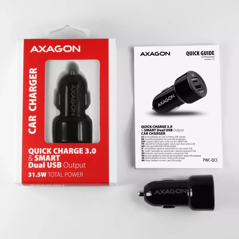 Carregador para dispositivos móveis telemóvel, smartphone, tablet, universal Axagon PWC-QC5 preto isqueiro carregamento rápido automóvel