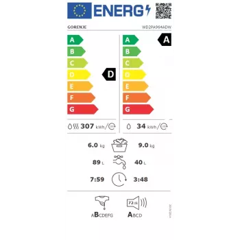 Máquina de lavar e secar roupa Gorenje WD2PA964ADW 9 kg / 6 kg 1400 rpm