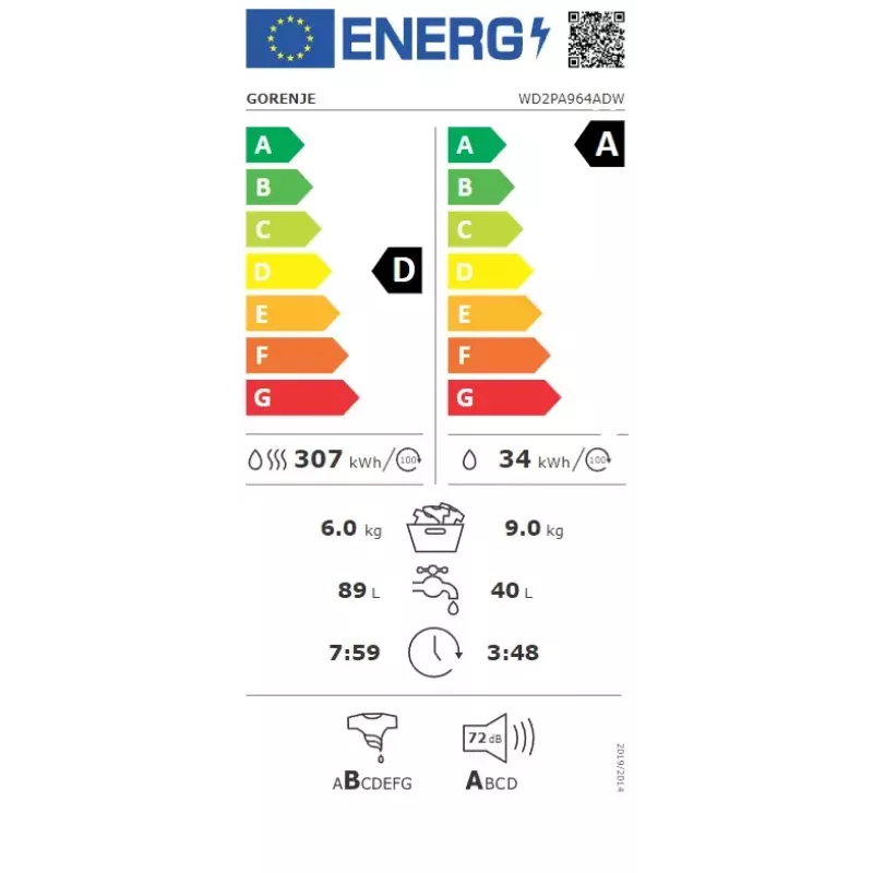 Máquina de lavar e secar roupa Gorenje WD2PA964ADW 9 kg / 6 kg 1400 rpm
