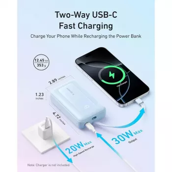 Powerbank Anker Zolo 10000mAh, 30W Super Fast Charging, cabo USB-C integrado, branco