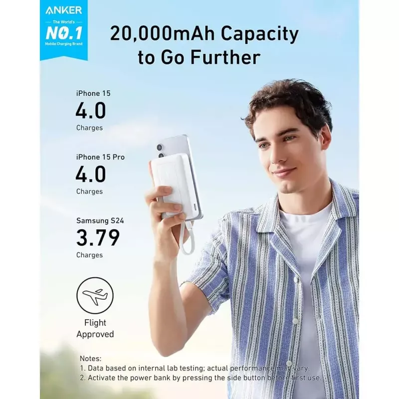 Powerbank Anker Zolo 10000mAh, 30W Super Fast Charging, cabo USB-C integrado, branco