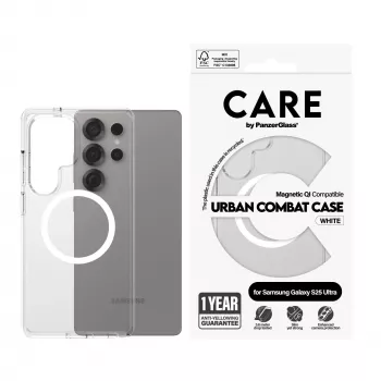 PanzerGlass CARE™ by ® Urban Combat Case transparente com branco compatível com Qi Samsung Galaxy S25 Ultra
