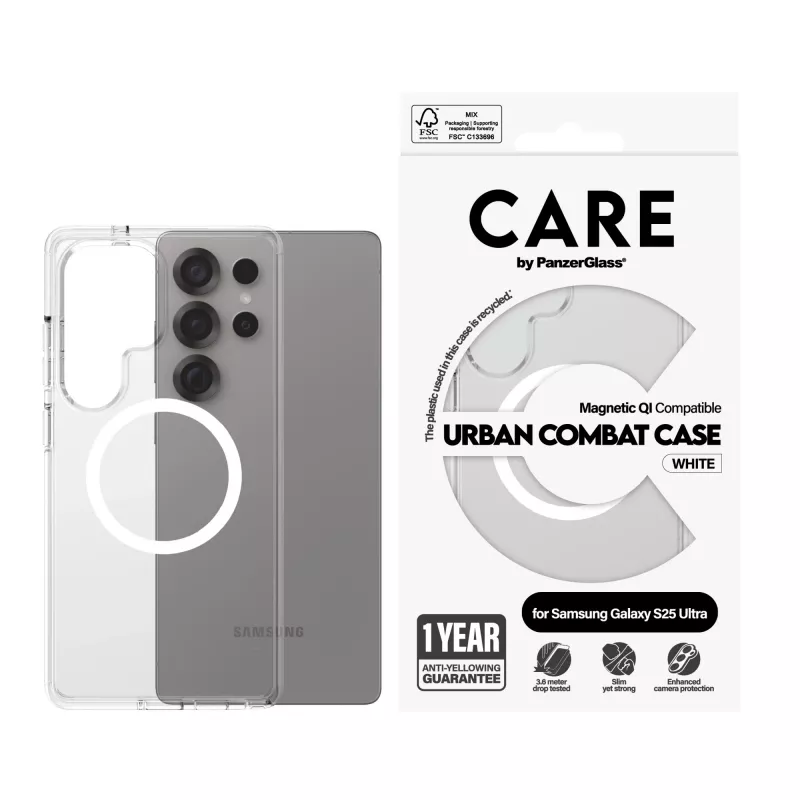 PanzerGlass CARE™ by ® Urban Combat Case transparente com branco compatível com Qi Samsung Galaxy S25 Ultra