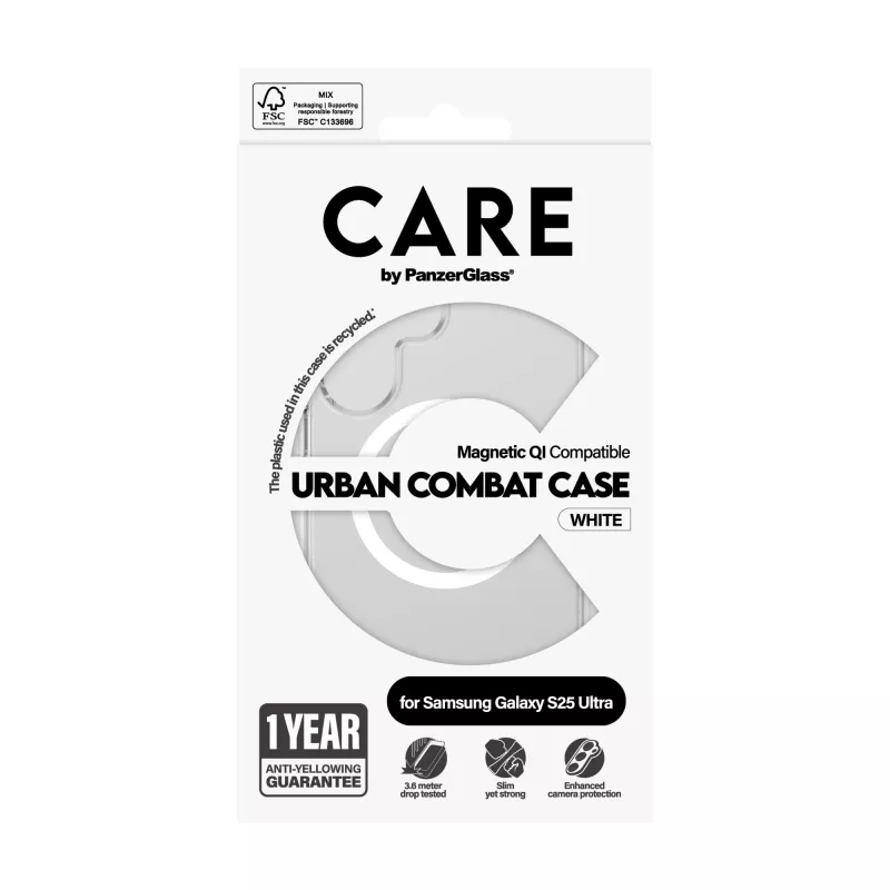 PanzerGlass CARE™ by ® Urban Combat Case transparente com branco compatível com Qi Samsung Galaxy S25 Ultra