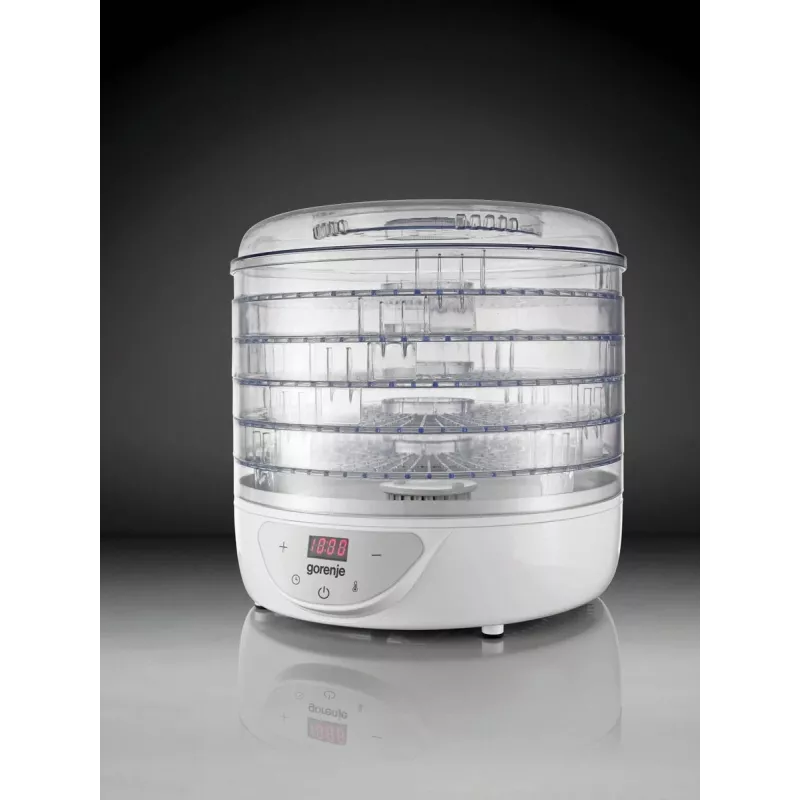 Desidratador Gorenje FDK 24 DW — branco transparente, grelha Ø31 cm, 240 W, máx 70°C