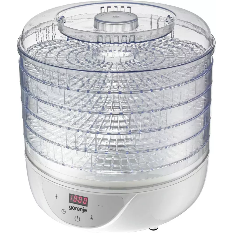 Desidratador Gorenje FDK 24 DW — branco transparente, grelha Ø31 cm, 240 W, máx 70°C