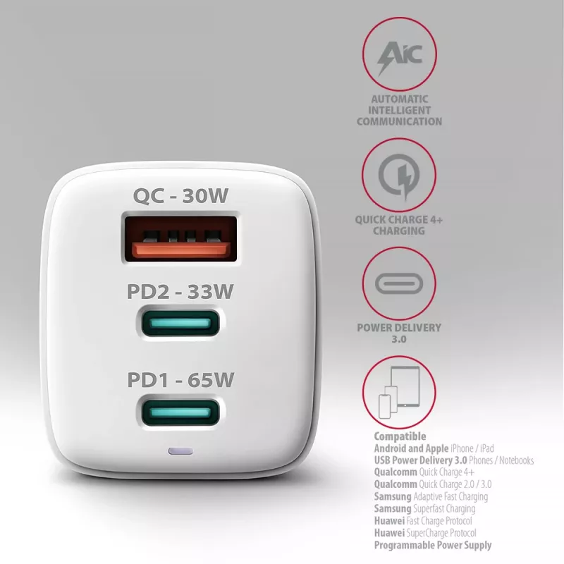 Axagon ACU-DPQ65W PD3.0 & QC4+ Carregador de parede 3 SAÍDAS 65W