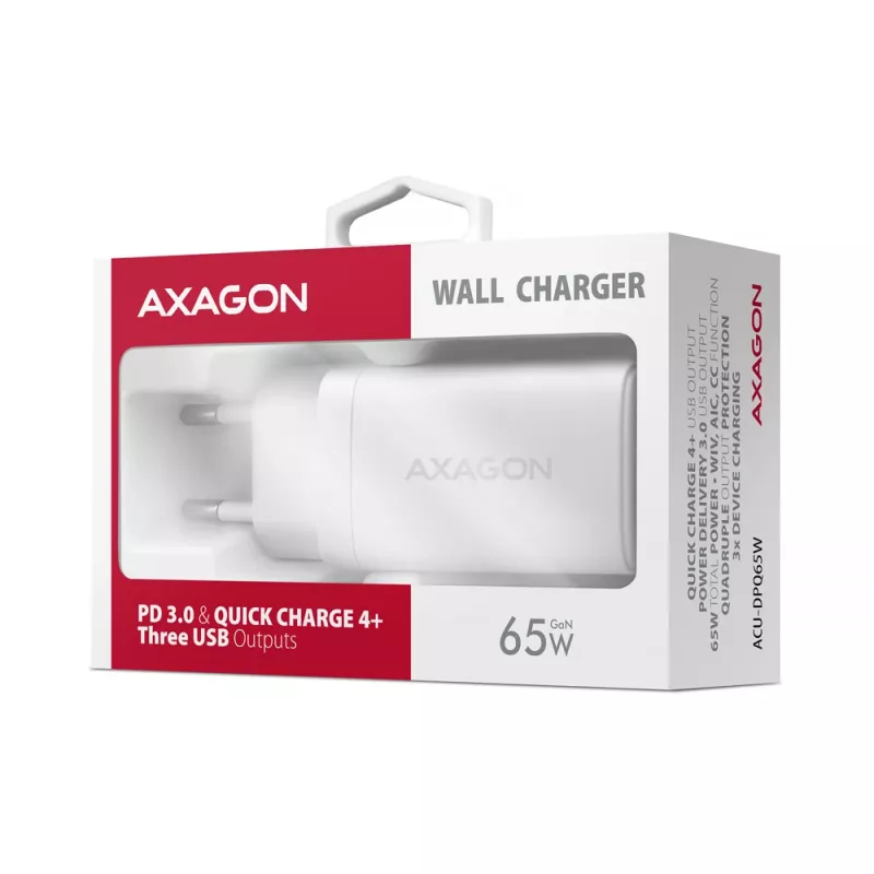Axagon ACU-DPQ65W PD3.0 & QC4+ Carregador de parede 3 SAÍDAS 65W