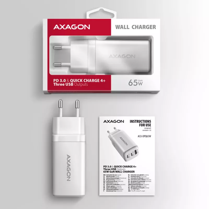 Axagon ACU-DPQ65W PD3.0 & QC4+ Carregador de parede 3 SAÍDAS 65W
