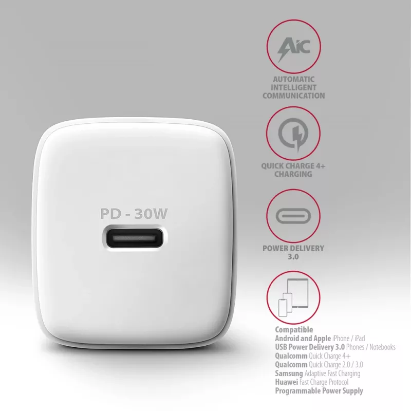 Carregador de parede Axagon ACU-PD30W 1x QC3.0/AFC/FCP/PD Type-C 30W branco