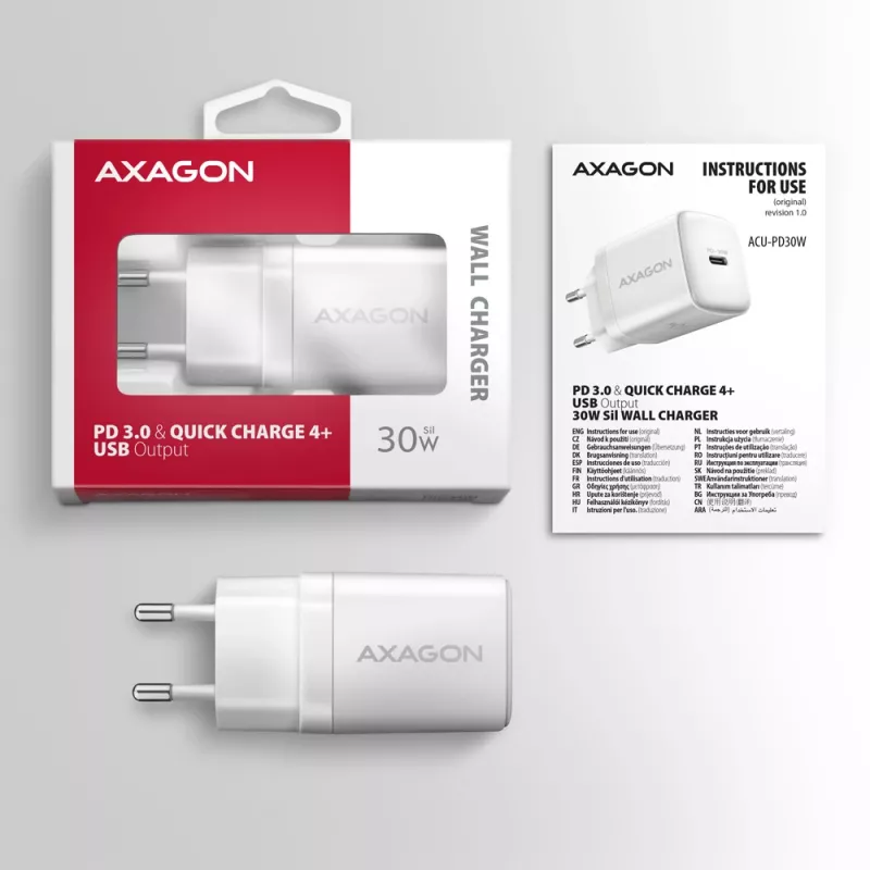 Carregador de parede Axagon ACU-PD30W 1x QC3.0/AFC/FCP/PD Type-C 30W branco