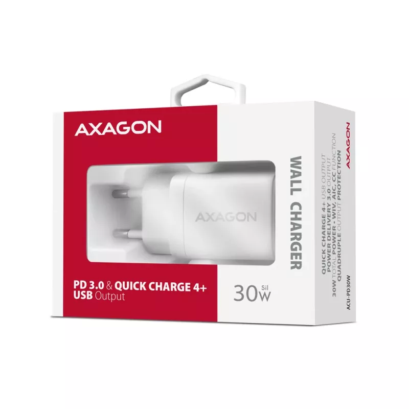 Carregador de parede Axagon ACU-PD30W 1x QC3.0/AFC/FCP/PD Type-C 30W branco