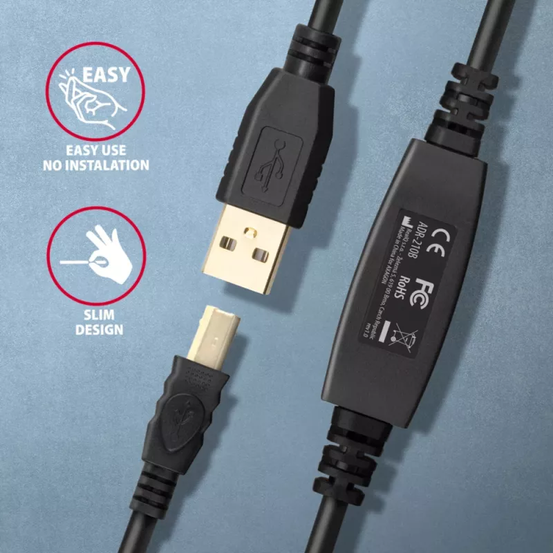 Axagon ADR-210B Cabo ativo de ligação/repetidor USB 2.0 ficha A macho para ficha B macho, 10 m