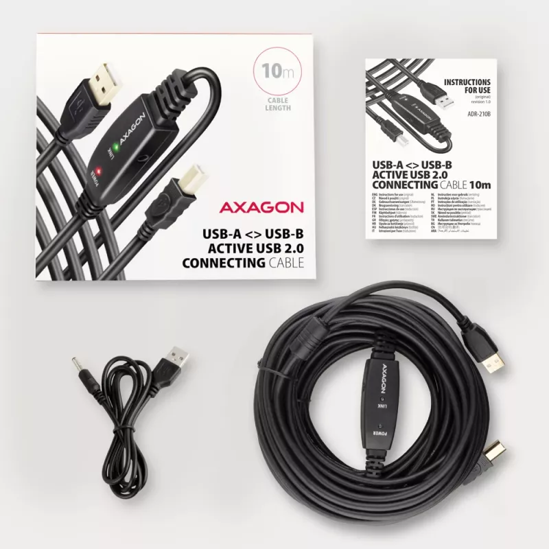 Axagon ADR-210B Cabo ativo de ligação/repetidor USB 2.0 ficha A macho para ficha B macho, 10 m