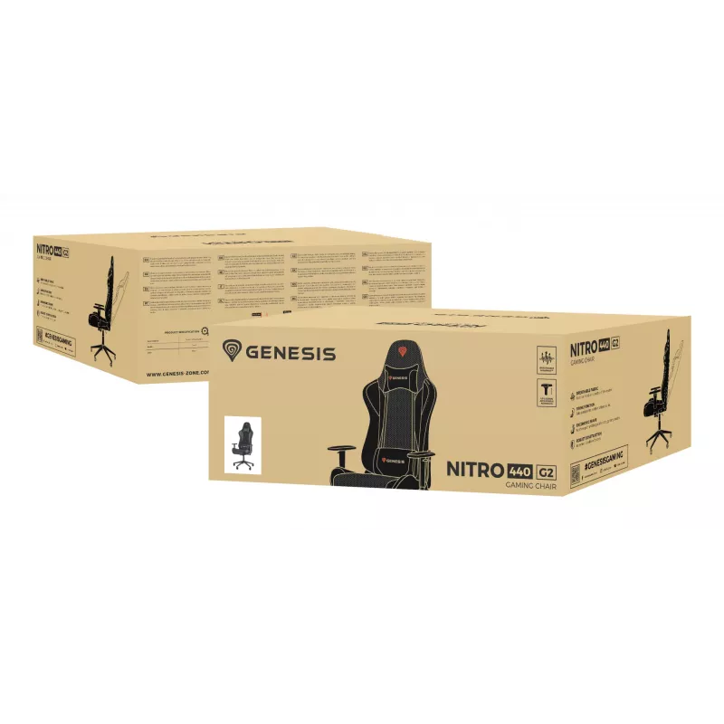 Cadeira gaming GENESIS Nitro 440 G2, assento acolchoado, tecido/couro sintético, cinzento/preto, máx. 120 kg, encosto e apoios de braços 1D ajustáveis