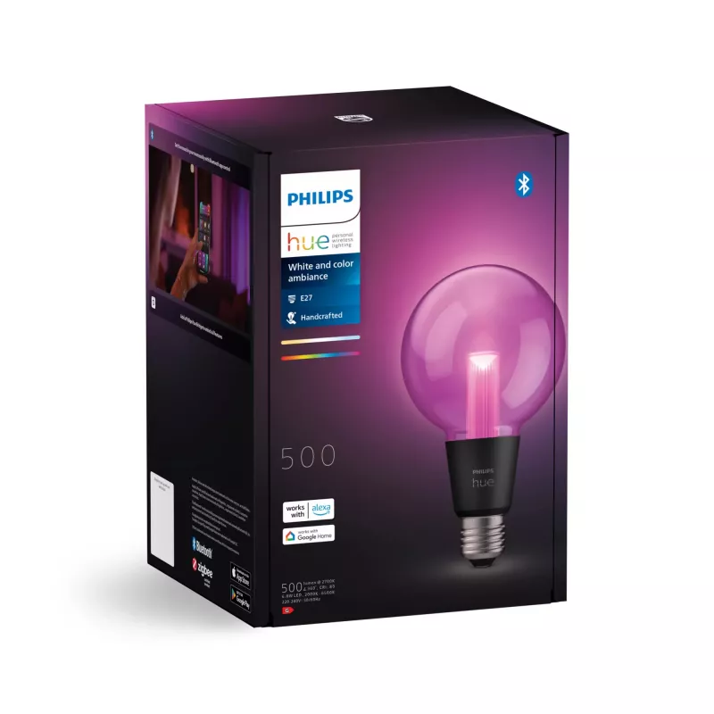Lâmpada inteligente Philips Hue White and Colour Ambience G95 E27, 6,8 W, Bluetooth/Zigbee, transparente