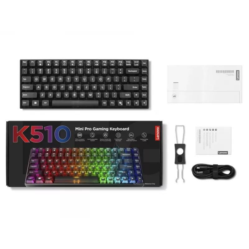 Teclado mecânico gaming Lenovo Legion K510 Mini Pro 75% US-Inglês, 84 teclas, RGB, USB, cabo de 1,8 m, preto/transparente
