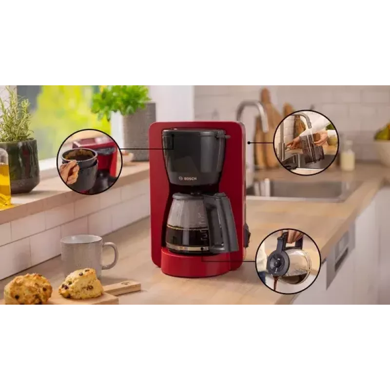 Máquina de café de filtro Bosch TKA2M114 — depósito de água de 1,25 l, 15 chávenas, vermelho