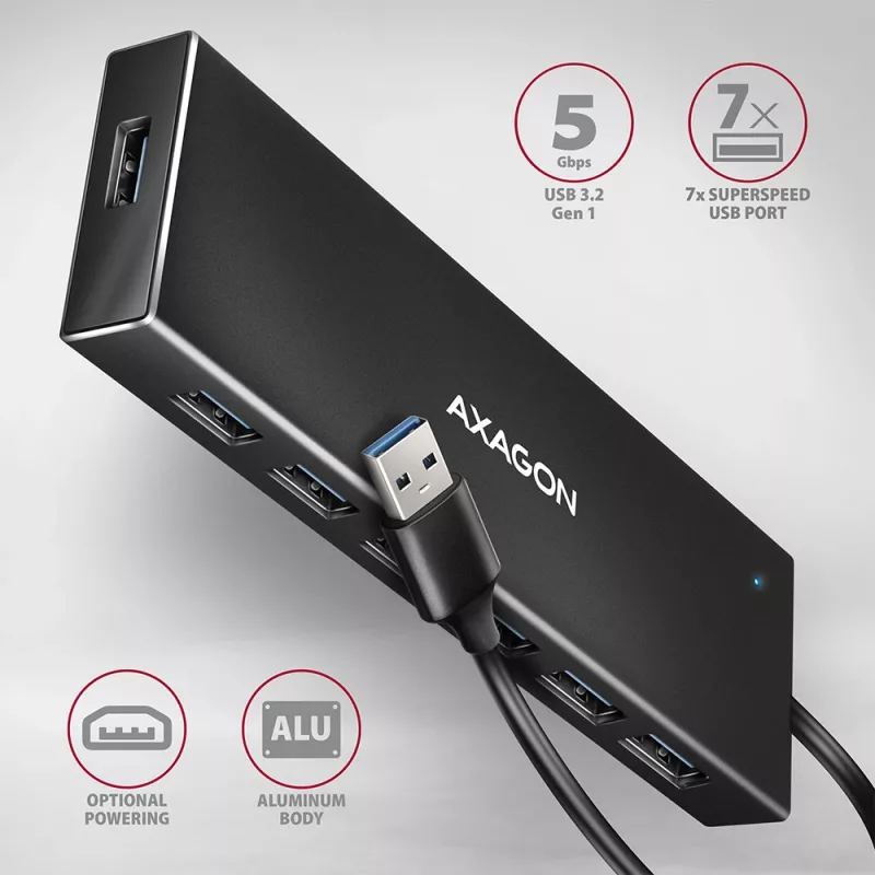 Axagon HUE-F7A 7x USB 3.2 Gen 1 ALU FLAT Hub micro power IN 1m USB-A USB 3.2 Gen 1 (3.1 Gen 1) Type-A 5000 Mbit/s preto