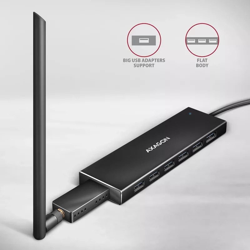 Axagon HUE-F7A 7x USB 3.2 Gen 1 ALU FLAT Hub micro power IN 1m USB-A USB 3.2 Gen 1 (3.1 Gen 1) Type-A 5000 Mbit/s preto
