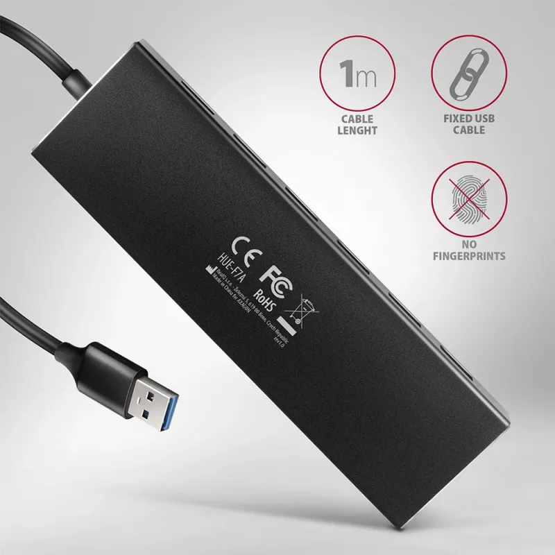 Axagon HUE-F7A 7x USB 3.2 Gen 1 ALU FLAT Hub micro power IN 1m USB-A USB 3.2 Gen 1 (3.1 Gen 1) Type-A 5000 Mbit/s preto