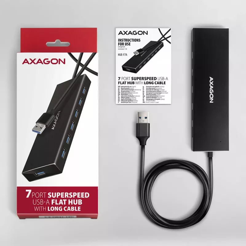 Axagon HUE-F7A 7x USB 3.2 Gen 1 ALU FLAT Hub micro power IN 1m USB-A USB 3.2 Gen 1 (3.1 Gen 1) Type-A 5000 Mbit/s preto