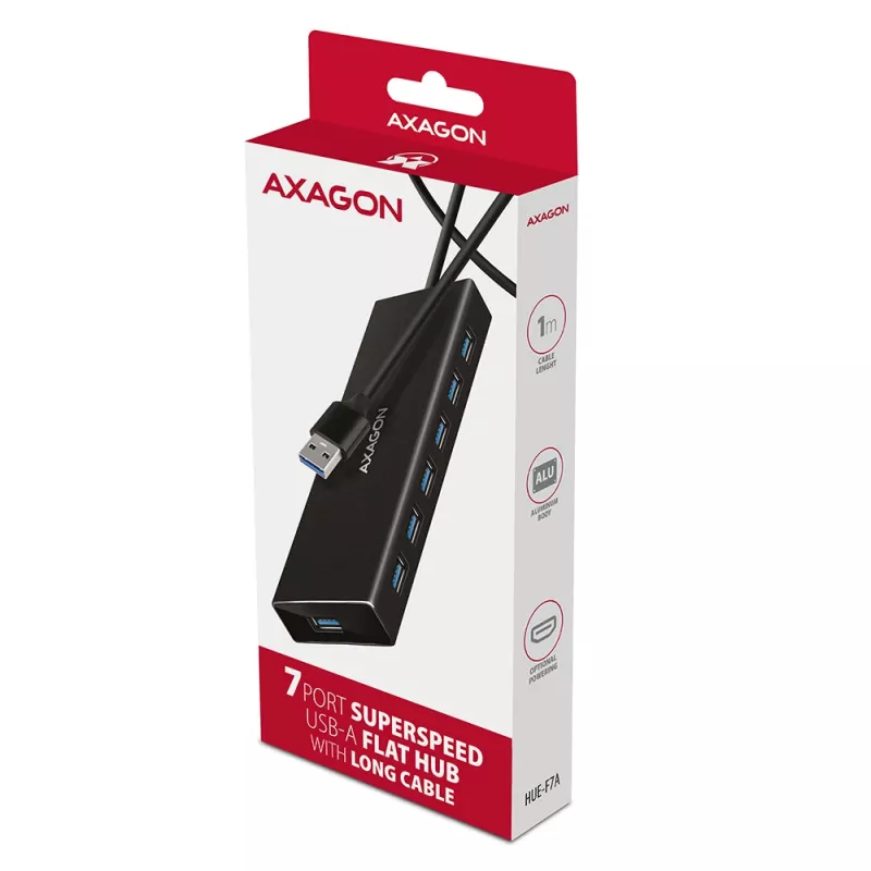 Axagon HUE-F7A 7x USB 3.2 Gen 1 ALU FLAT Hub micro power IN 1m USB-A USB 3.2 Gen 1 (3.1 Gen 1) Type-A 5000 Mbit/s preto