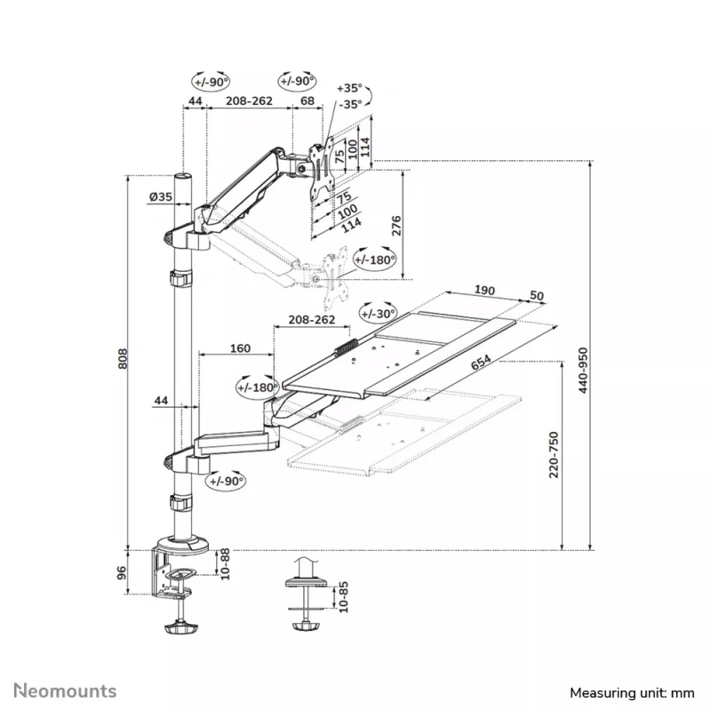 Estação de trabalho sentado/em pé para secretária Neomounts DS90-325BL1 9 kg ajuste de altura