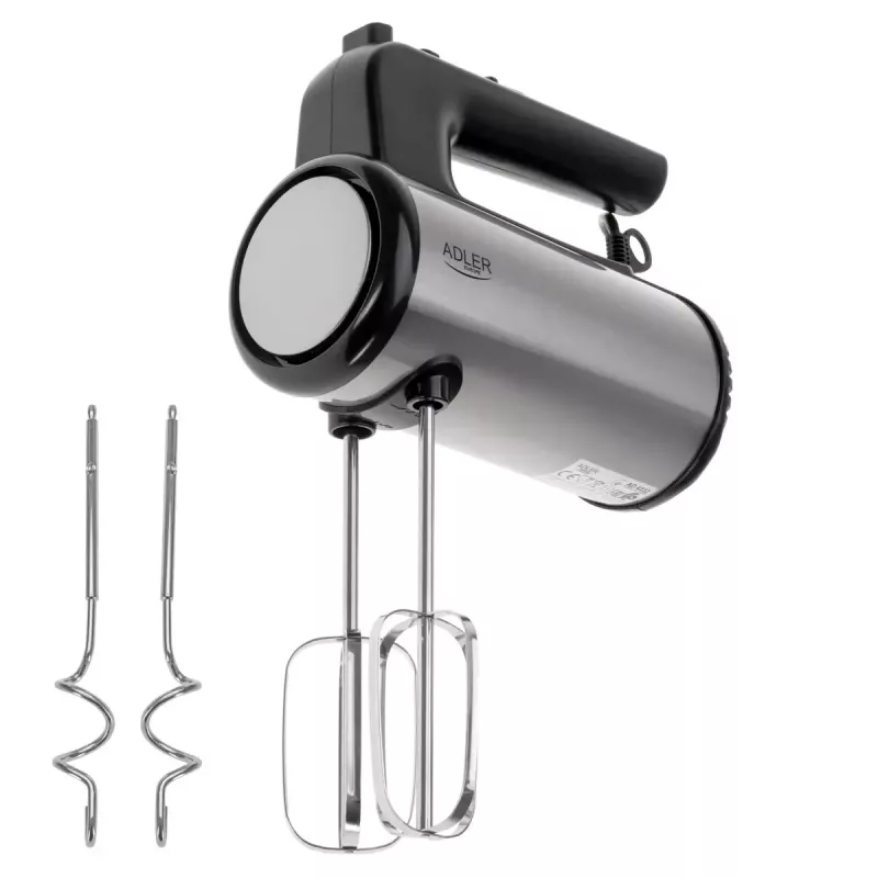 Batedeira de mão Adler AD 4232 — 900 W, 5 velocidades + turbo, acessórios em aço inoxidável, preto/prateado