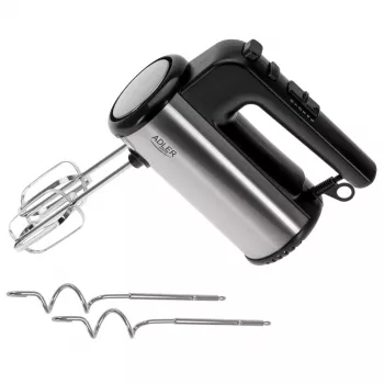 Batedeira de mão Adler AD 4232 — 900 W, 5 velocidades + turbo, acessórios em aço inoxidável, preto/prateado