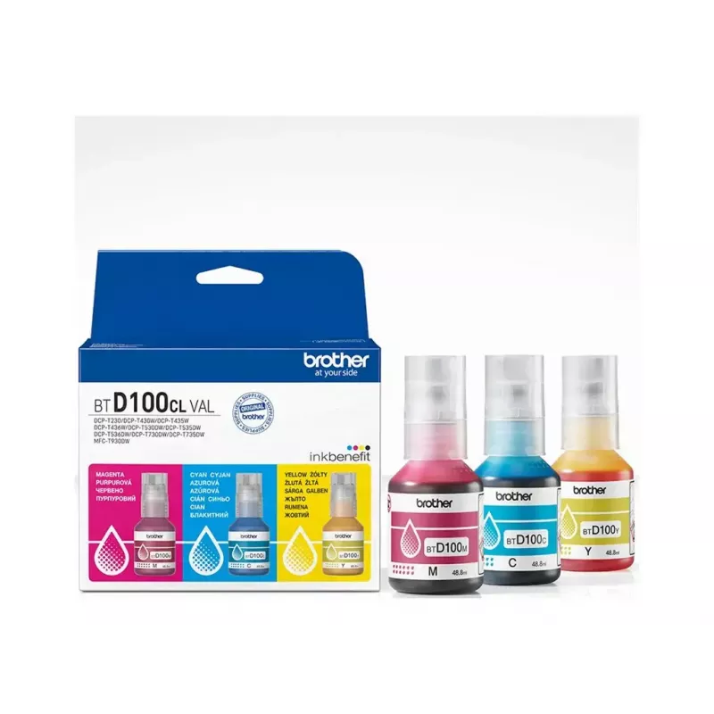 Frascos de tinta Brother BTD100CLVAL magenta, ciano, amarelo — tinta original a cores, 5000 páginas de autonomia