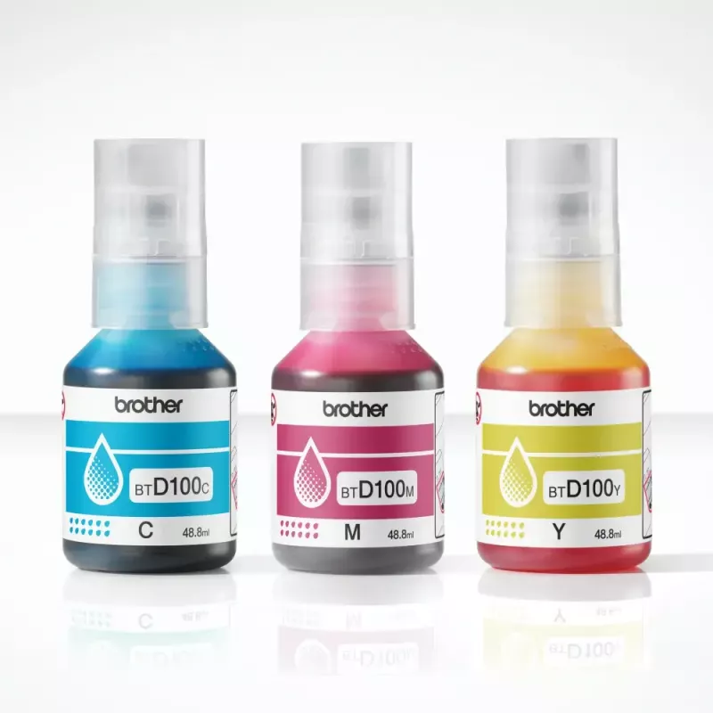 Frascos de tinta Brother BTD100CLVAL magenta, ciano, amarelo — tinta original a cores, 5000 páginas de autonomia