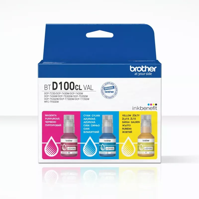 Frascos de tinta Brother BTD100CLVAL magenta, ciano, amarelo — tinta original a cores, 5000 páginas de autonomia