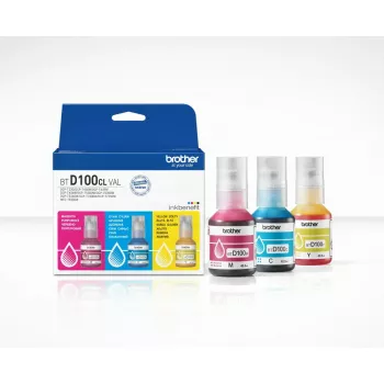 Frascos de tinta Brother BTD100CLVAL magenta, ciano, amarelo — tinta original a cores, 5000 páginas de autonomia